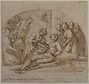 The Emperor Constantine Copronymous Burned by an Invisible Fire (recto); Studies of Sibyls and Angles (verso), Giovanni Baglione (Italian, Rome 1566–1643 Rome), Pen and brown ink, brush and brown wash, over black chalk (recto). Pen and brown ink, over black chalk (verso)